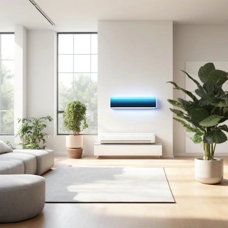 AI-driven air conditioner unit adjusting airflow in a modern living room